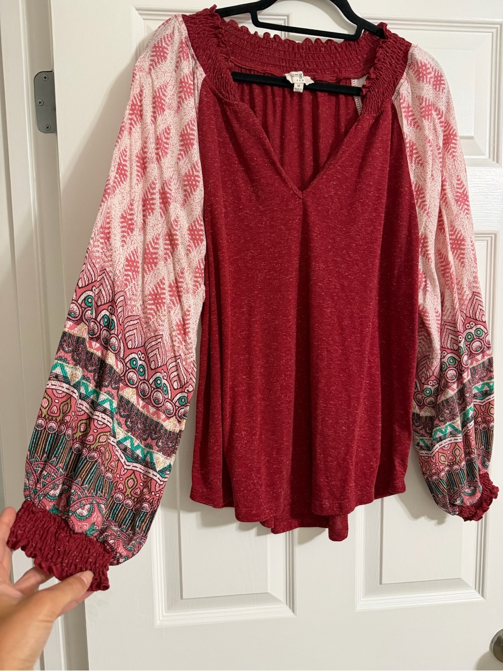 Umgee Red Mixed-Print Peasant Tunic with Patterned Bishop Sleeves
